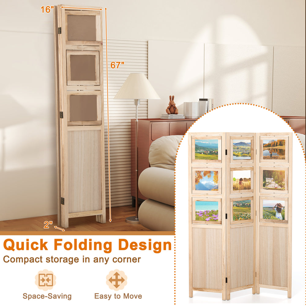 3-panel folding privacy screen in natural paulownia wood with 9 swivel photo frames, ideal for home office or living.