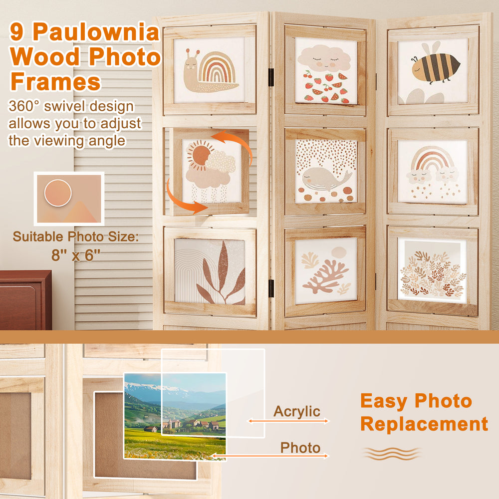 3-panel folding privacy screen featuring 9 swivel paulownia wood photo frames for versatile display in any room.