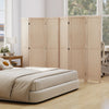 Three-panel folding room divider in beige, featuring a sturdy wood structure and smooth metal hinges for versatile use.