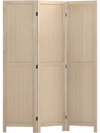 Three-panel folding room divider in beige wood, featuring sturdy construction and smooth metal hinges for versatile use.