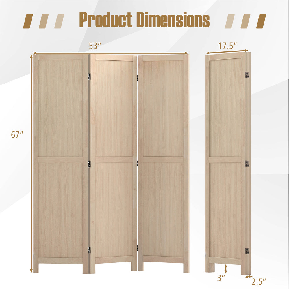 Three-panel folding room divider in beige, measuring 53" x 67", ideal for home, office, or restaurant use.