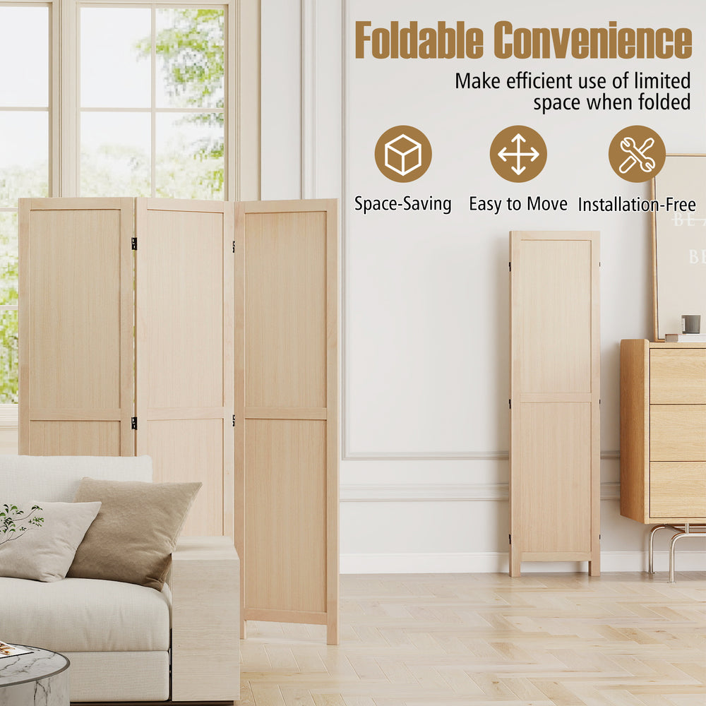 Three-panel folding room divider in beige, featuring a reliable wood structure and compact design for versatile spaces.