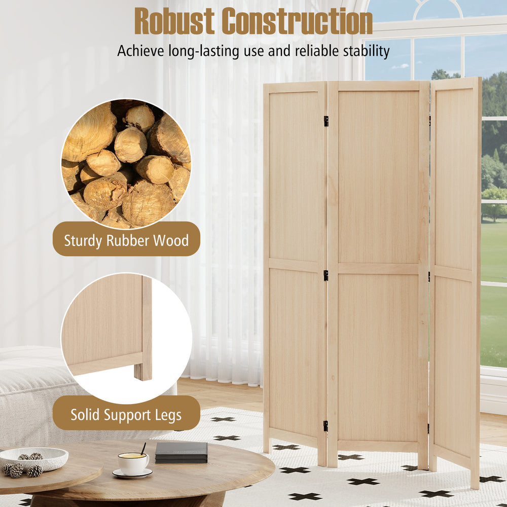 Three-panel folding room divider in beige, made of sturdy rubber wood, perfect for home office or bedroom use.