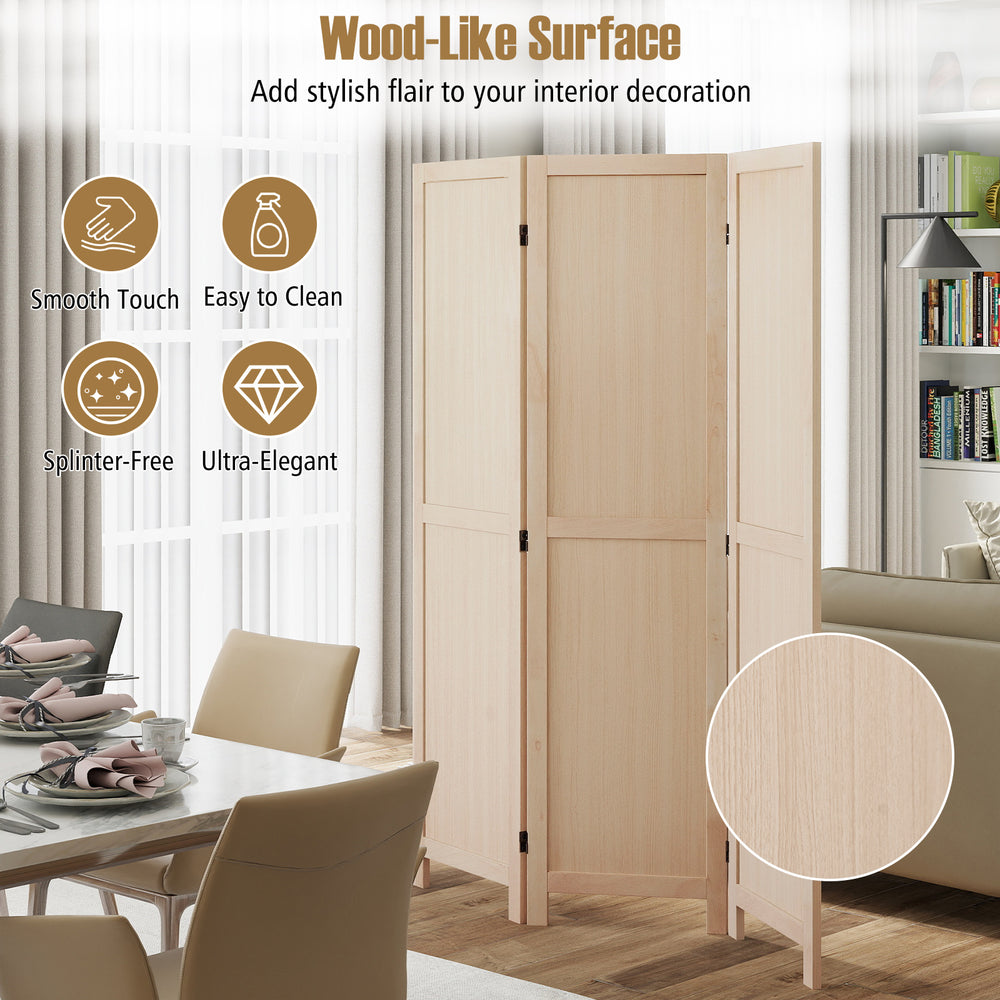 Beige 3 panel folding room divider with a wood-like surface, perfect for home office or bedroom decor.