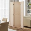 Three-panel folding room divider in beige wood, featuring sturdy support and smooth hinges, perfect for home or office.