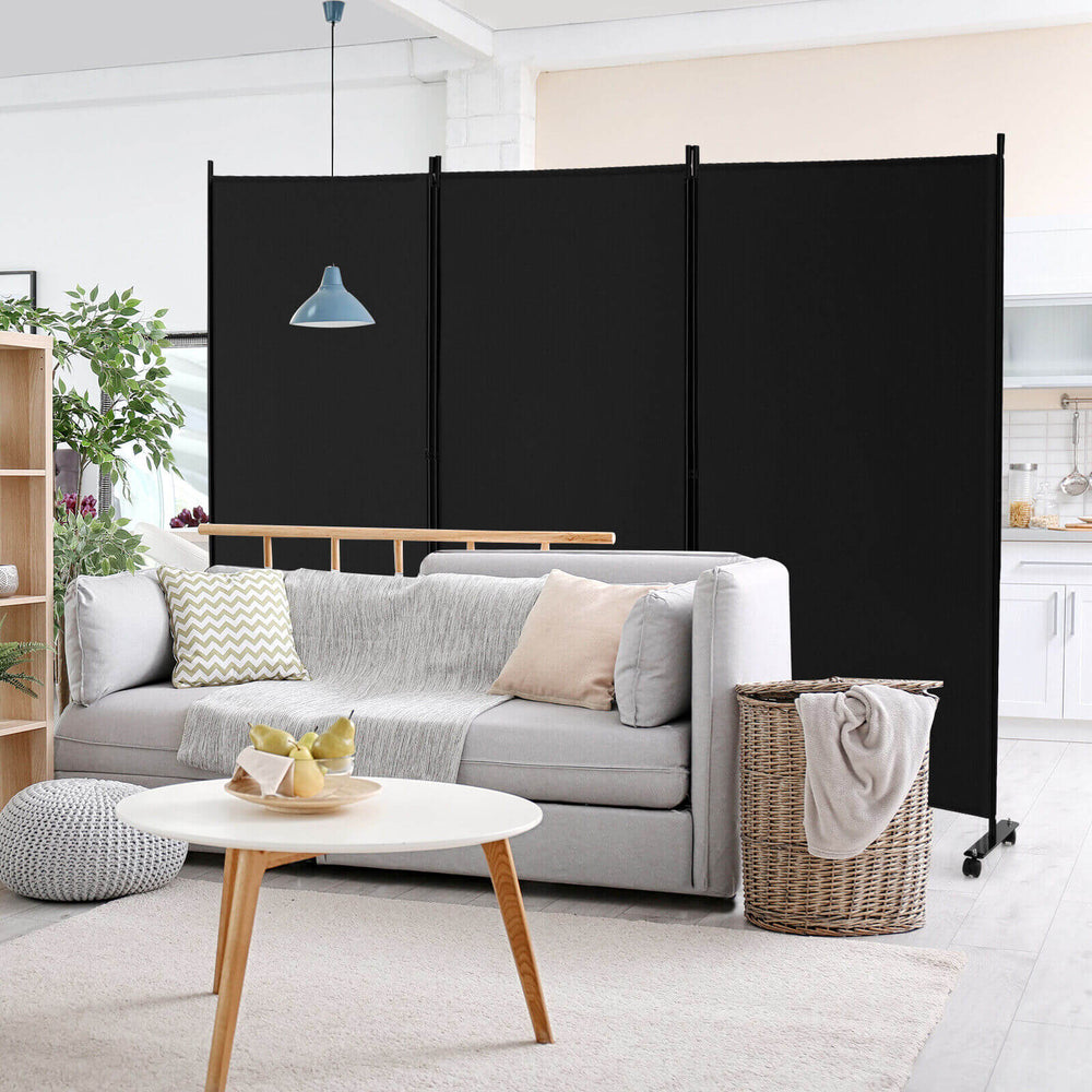 Three-panel black room divider with lockable wheels, made of durable polyester, ideal for creating privacy in any space.