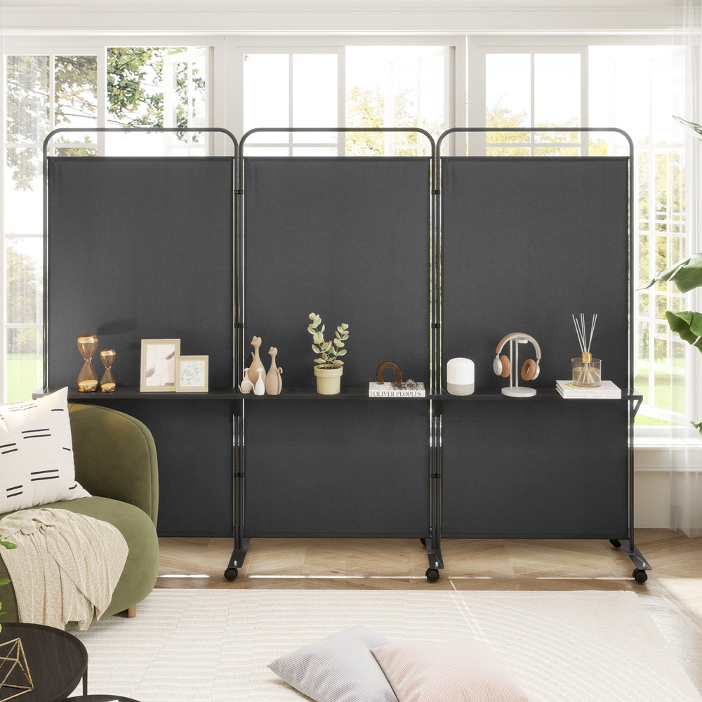 3-panel folding room divider in black with 3 metal shelves, ideal for organizing items in living room or office.