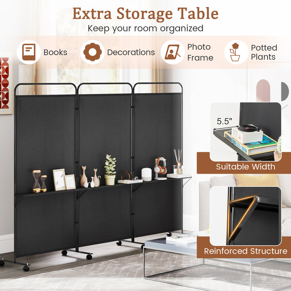 3-panel folding room divider in black with 3 metal shelves, ideal for organizing books and decorations in any room.