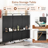 3-panel folding room divider in black with 3 metal shelves, ideal for organizing books and decorations in any room.