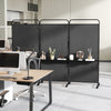 3-panel folding room divider in black with 3 metal shelves, ideal for office organization and privacy.