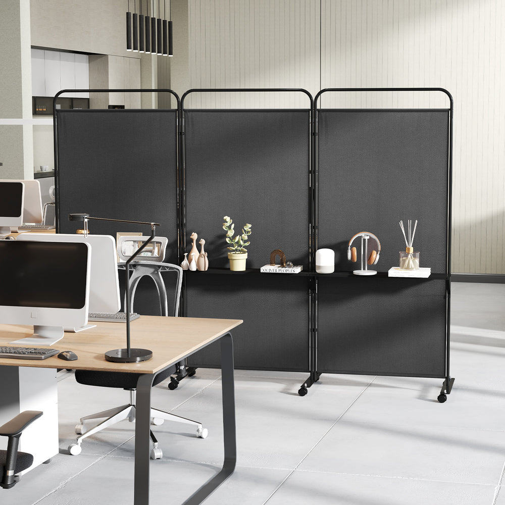 3-panel folding room divider in black with 3 metal shelves, ideal for office organization and privacy.