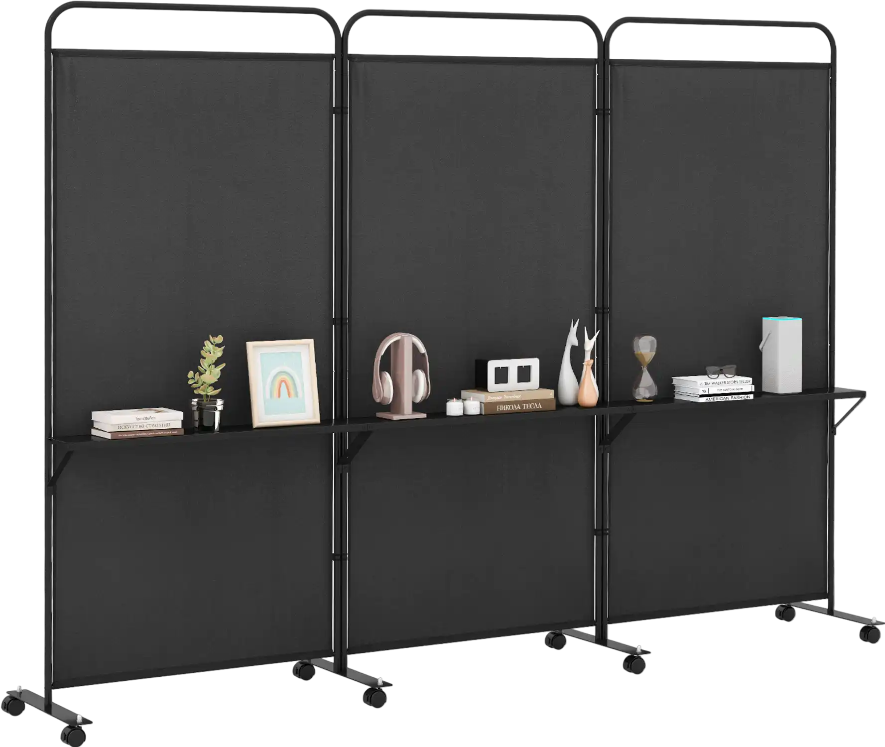 Costway 3-Panel Folding Room Divider w/ 3 Metal Shelves & Lockable Wheels 271645893 New