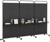 3-panel black folding room divider with 3 metal shelves, perfect for organizing items in living room or office.