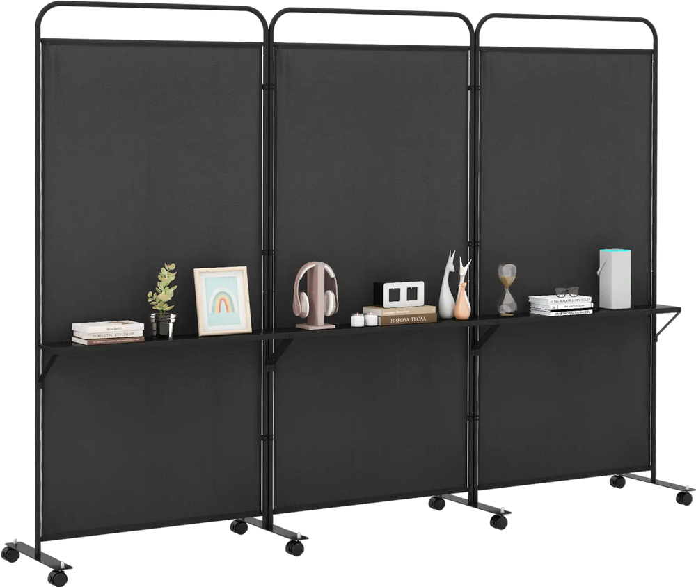 3-panel black folding room divider with 3 metal shelves, perfect for organizing items in living room or office.