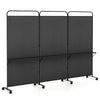 Three-panel black folding room divider with metal shelves and lockable wheels, ideal for organizing items in any space.
