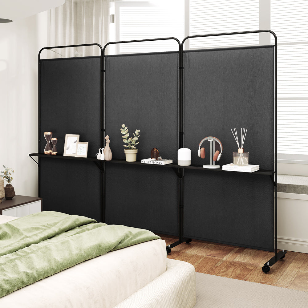 3-panel folding room divider in black with 3 metal shelves, ideal for organizing items in living room or bedroom.