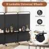 3-panel folding room divider in black with 3 metal shelves and 8 lockable wheels for easy mobility and organization.