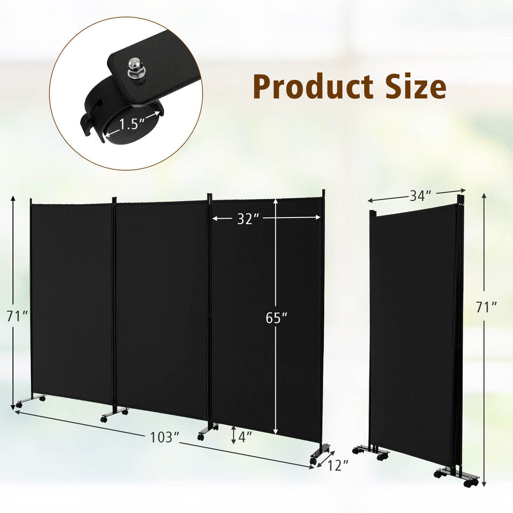 Three-panel black room divider with lockable wheels, featuring a sturdy metal frame and durable polyester fabric for.