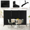Three-panel black room divider with durable fabric and lockable wheels, ideal for creating privacy in any space.