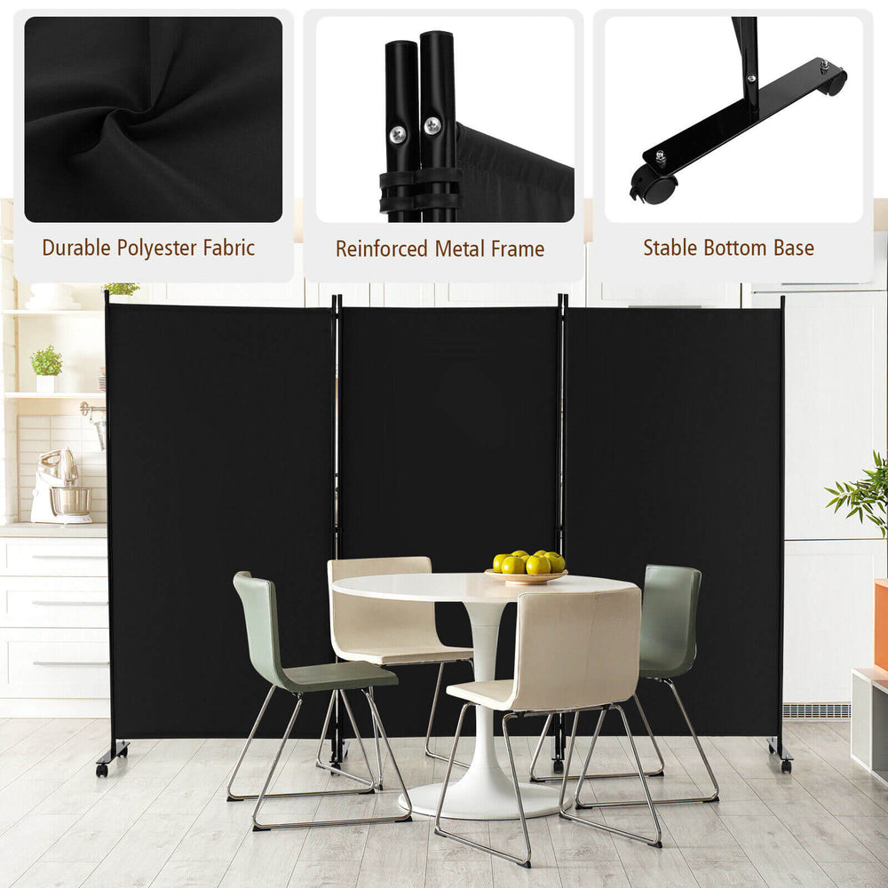 Three-panel black room divider with durable fabric and lockable wheels, ideal for creating privacy in any space.