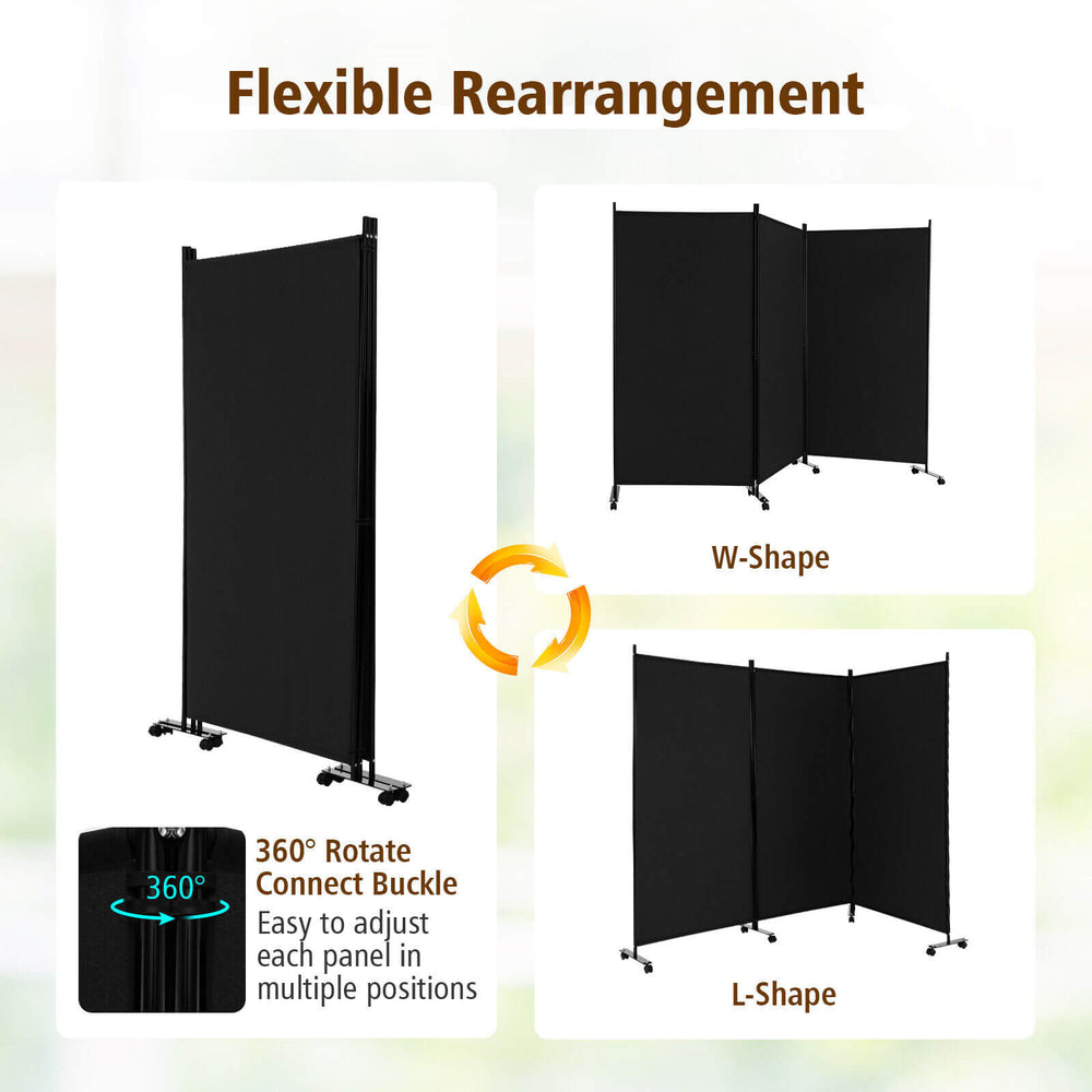 Three-panel black room divider with lockable wheels, adjustable for privacy in various configurations for home or.