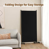 Three-panel black folding room divider with lockable wheels, ideal for creating privacy in living rooms or offices.