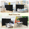 Three-panel black room divider with lockable wheels, ideal for creating privacy in various settings like offices or.