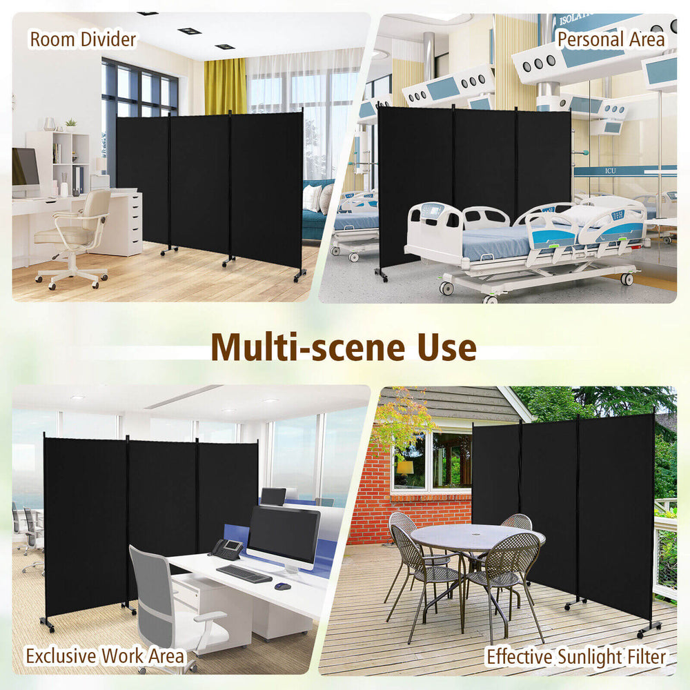 Three-panel black room divider with lockable wheels, ideal for creating privacy in various settings like offices or.