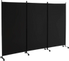 Three-panel black room divider with lockable wheels, made of durable polyester, ideal for privacy in various spaces.