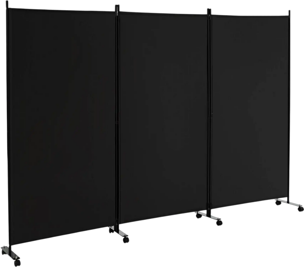 Three-panel black room divider with lockable wheels, made of durable polyester, ideal for privacy in various spaces.