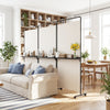 3-panel room divider with shelves in white, featuring a sturdy metal frame and lockable wheels for versatile privacy.