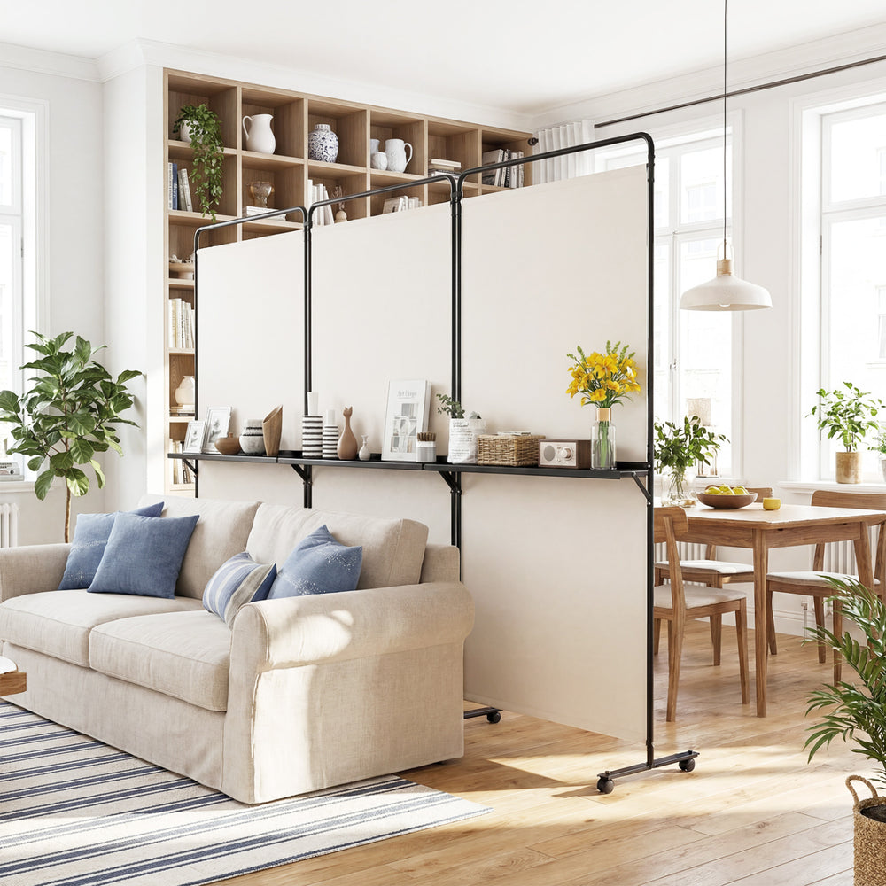 3-Panel Room Divider with Shelves 6 FT Tall Folding Privacy Screen with Lockable Wheels-White - Gallery View 1 of 11
