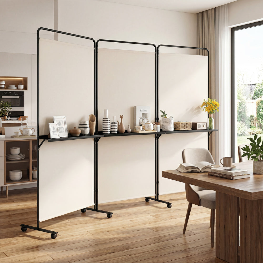 3-panel room divider with shelves in white, featuring lockable wheels, ideal for privacy and organization in various.