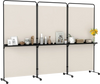 Three-panel room divider with shelves, 6 ft tall, white fabric, lockable wheels, ideal for privacy and display in.
