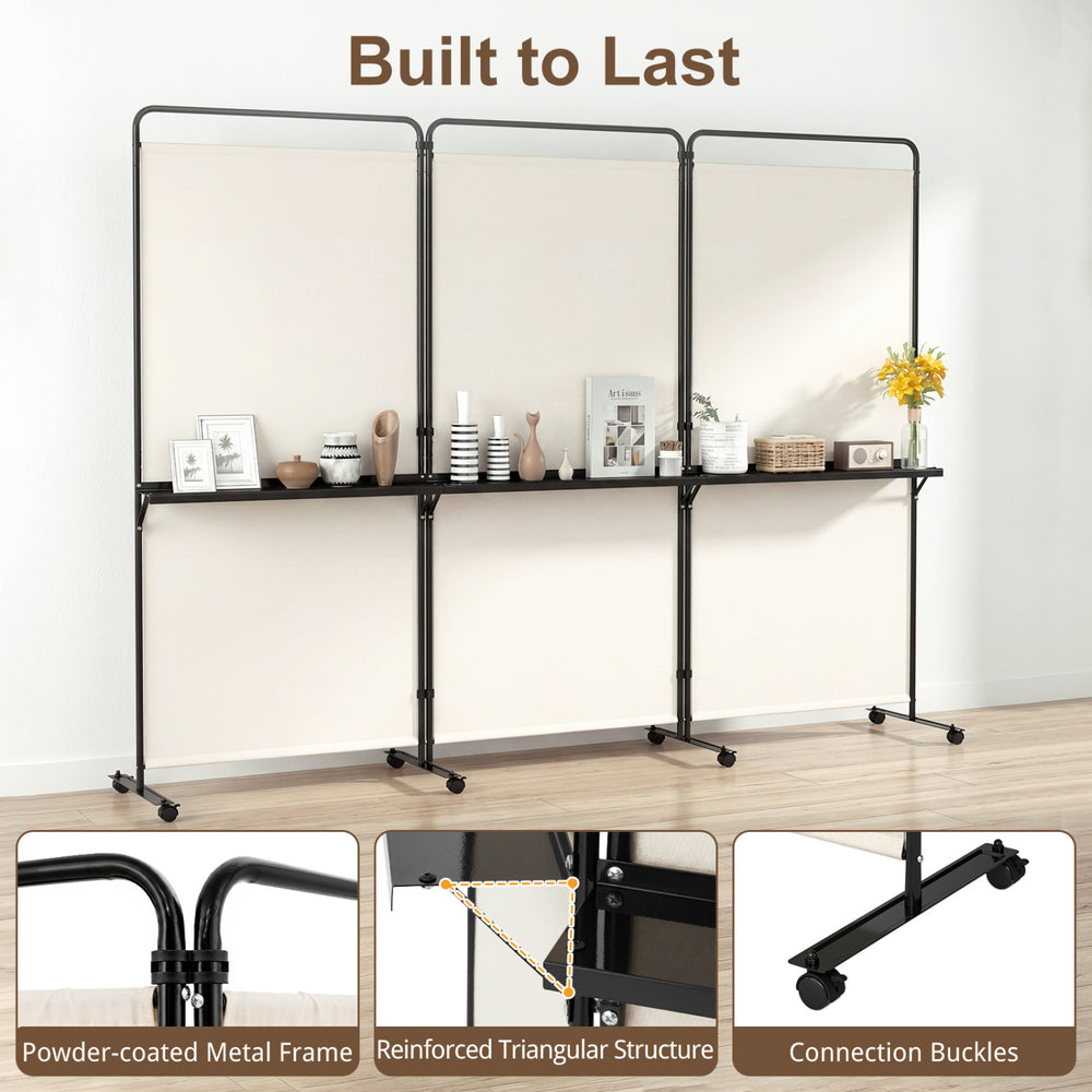 3-panel room divider with shelves, 6 ft tall, featuring a powder-coated metal frame and lockable wheels for versatile.