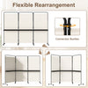 3-panel room divider with shelves, featuring a white fabric finish and lockable wheels for versatile privacy solutions.