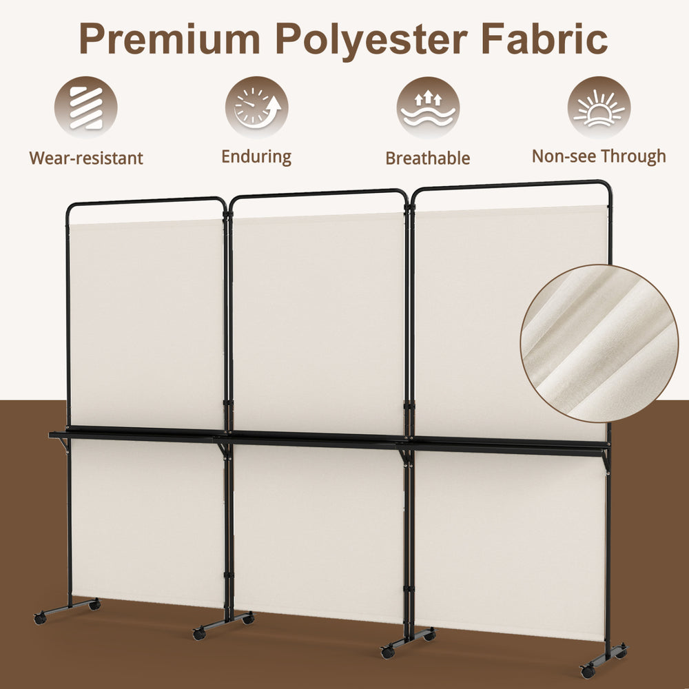3-panel room divider with shelves in white, featuring wear-resistant polyester fabric and lockable wheels for versatile.