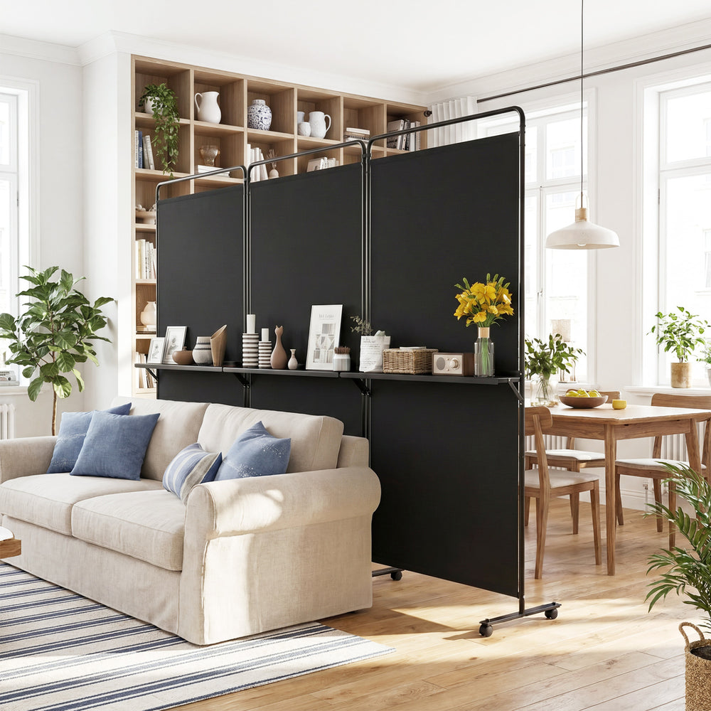 3-Panel Room Divider with Shelves 6 FT Tall Folding Privacy Screen with Lockable Wheels-Black - Gallery View 1 of 11