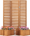 Freestanding 3-panel garden fence in solid wood with two self-draining planter boxes for outdoor privacy and plant.