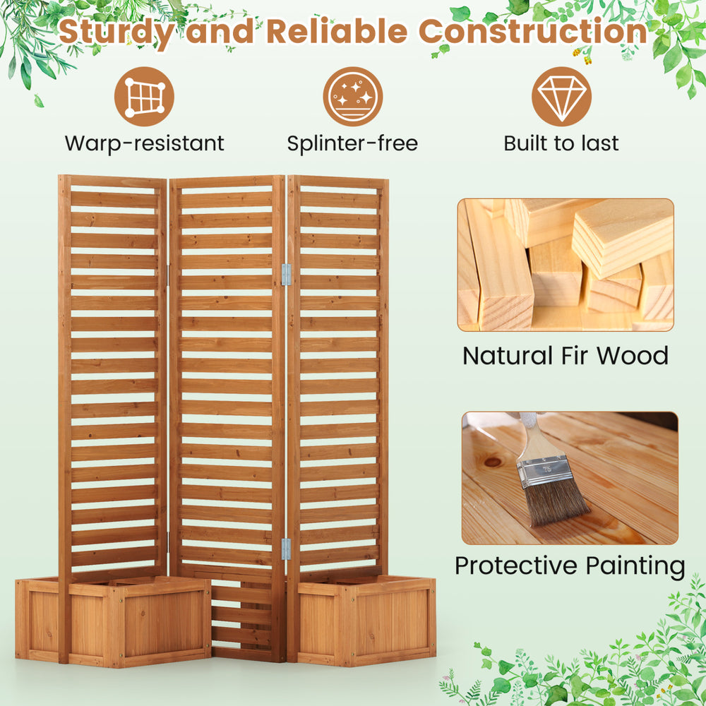 Freestanding 3-panel garden fence with self-draining planter boxes, made of durable fir wood for outdoor privacy and.