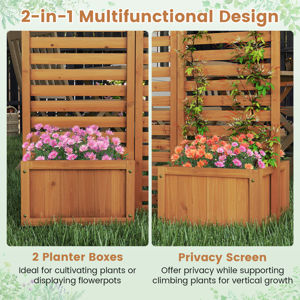 Freestanding garden fence with 2 self-draining planter boxes, made of durable fir wood, ideal for privacy and plant.