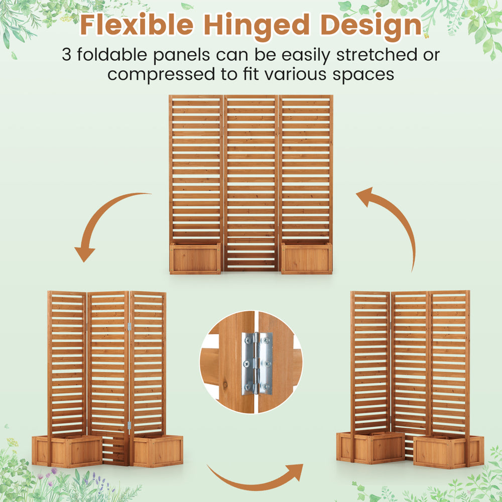 3-panel solid wood garden fence with self-draining planter boxes, featuring flexible hinged design for customizable.