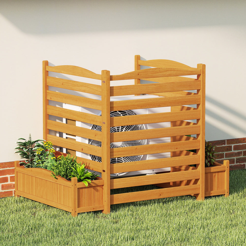 3-panel wood air conditioner fence with planter boxes, crafted from fir wood for outdoor privacy and plant support.