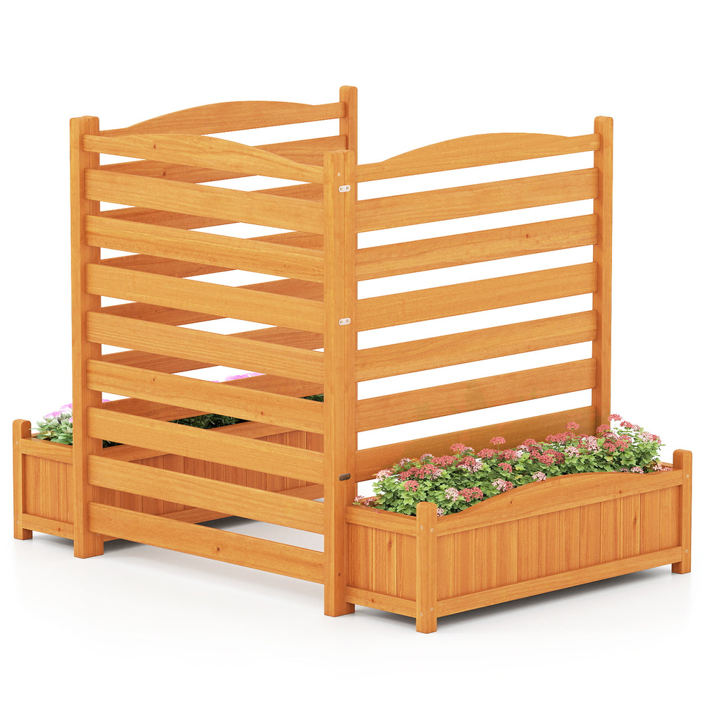 Freestanding 3-panel wood air conditioner fence with planter boxes, crafted from natural fir, ideal for outdoor privacy.