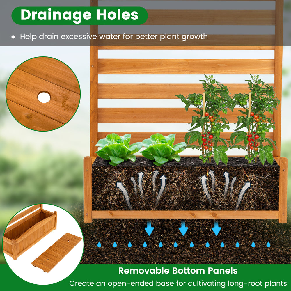 Freestanding 3-panel wood privacy screen with planter box, featuring drainage holes for healthy plant growth.