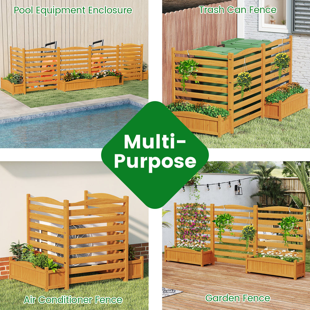 3-panel wood air conditioner fence with planter box, natural fir, versatile privacy screen for outdoor equipment.