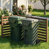 Three-panel brown wooden outdoor privacy fence with slats, ideal for enclosing trash cans and ensuring ventilation.