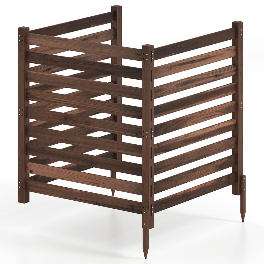 3-panel brown wooden outdoor privacy fence with slatted design, ideal for enclosing AC units or trash cans.