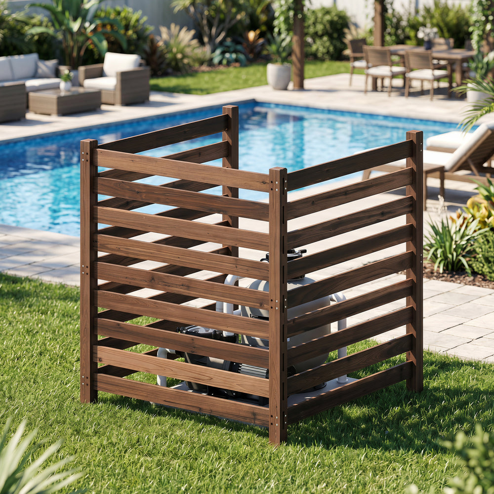 3-panel brown wooden outdoor privacy fence with slatted design, ideal for enclosing AC units or pool pumps.