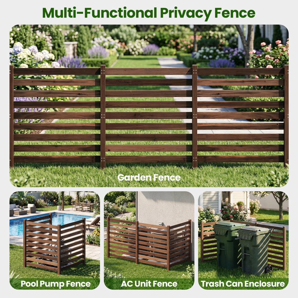 Three-panel wooden outdoor privacy fence in brown, featuring slatted design for ventilation and ground stakes for stability.